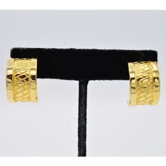 Givenchy Vintage Earrings Shiny Gold Hoops Brick Print Chunky Runway Signed BinW - Picture 1 of 9